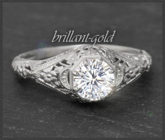 Diamant Ring, 0,91ct Solitär, 585 Weißgold, Jugendstil Design